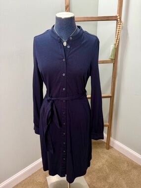 Boden Navy Blue Julia Jersey Long Sleeve Button Down Shirt Dress Size 8